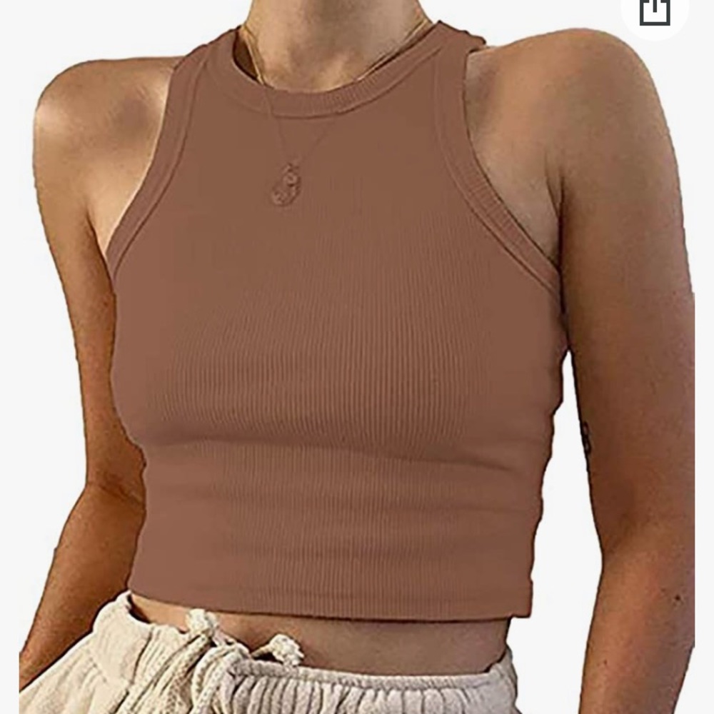 Brown Ribbed Crop Tank Top